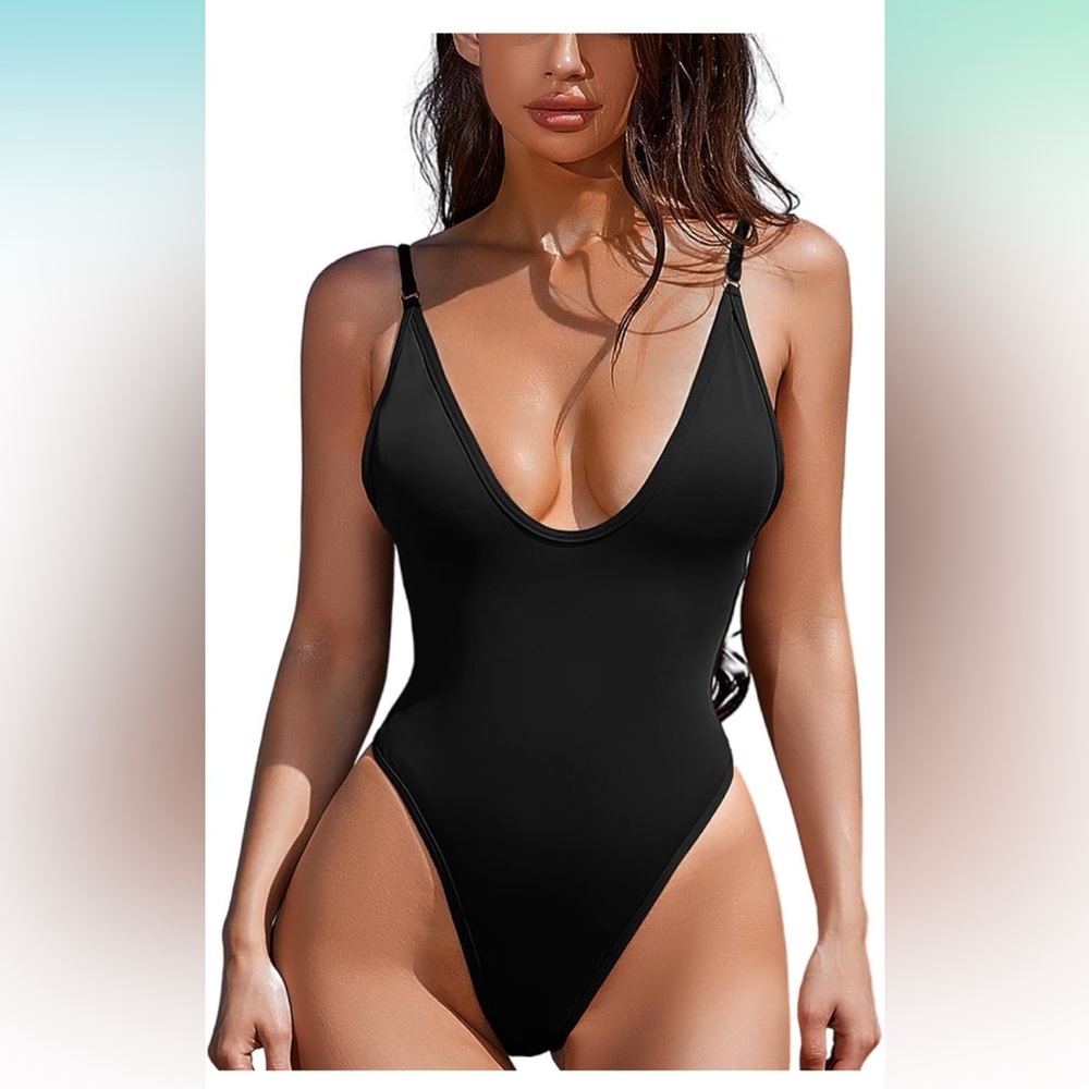 Esonlar, Size S,Chic Black Women's One-Piece Swimsuit, plunging v neck, high cut